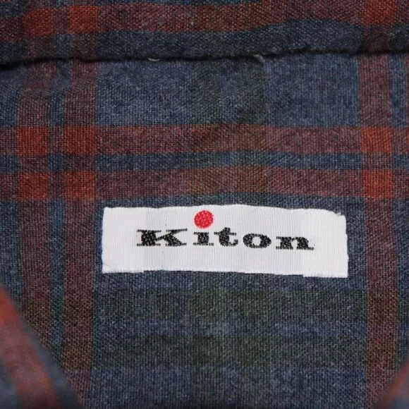 Kiton NWOT Dress Shirt Size 15 / 38 In Blue, Red, & Green Check 100% Cotton - Picture 7 of 12